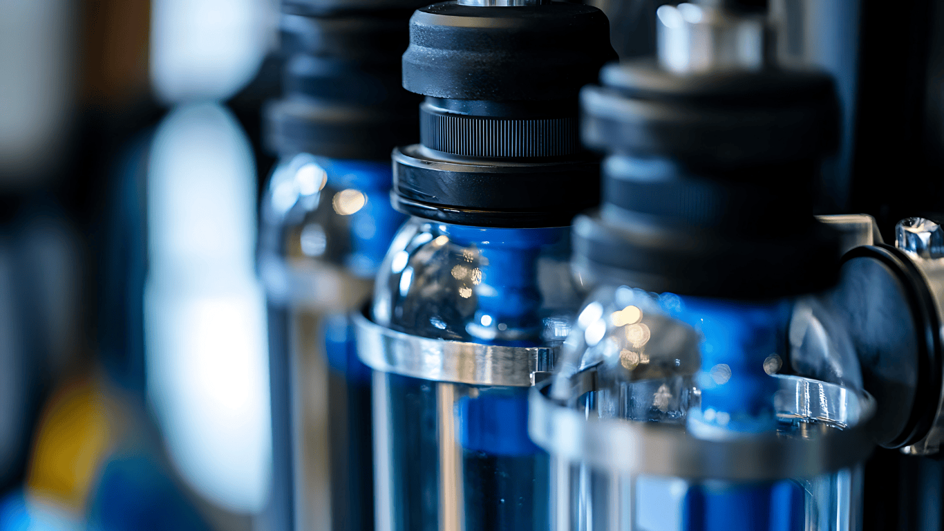 Close-up of a heavy metal water filter system using advanced filter cartridges to remove heavy metals like lead, mercury, arsenic, and iron from tap water. This high-pressure filtration system includes reverse osmosis filters and activated carbon filters to eliminate harmful substances, bacteria, chlorine, and other contaminants. Ideal for whole house or kitchen sink installation, it improves taste, reduces odor, and provides clean, safe drinking water by filtering out dirt, sediment, calcium, magnesium, and more, protecting plumbing fixtures and appliances while reducing plastic waste from bottled water