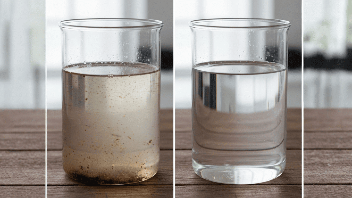 Before and after wastewater treatment for metals recovery, showcasing the removal of toxic heavy metal ions and other contaminants. The left image shows metal-contaminated wastewater, while the right illustrates treated water with high removal efficiency. This process utilizes techniques like ion exchange, chemical precipitation, and adsorption to recover valuable metals such as copper, nickel, and chromium. Industrial wastewater treatment plants employ methods like electrochemical oxidation, membrane separation, and sulfide precipitation to remove various metal ions, improving water quality and reducing energy consumption. Effective heavy metals removal helps protect human health and local ecosystems, offering cost savings and resource recovery.
