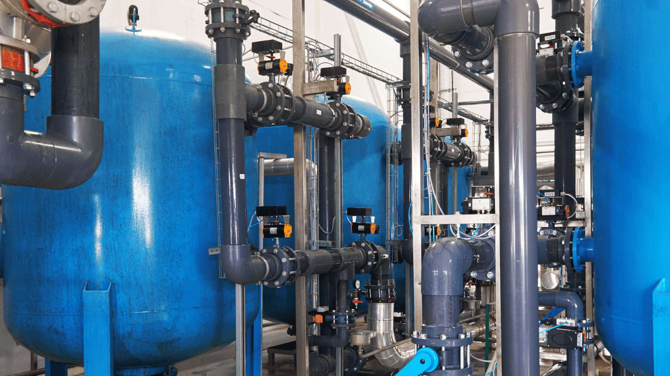 Ultrafiltration systems for water treatment, featuring industrial UF skids, membrane filtration technology, and hollow fiber PVDF membranes. This image showcases the complex infrastructure of UF water treatment systems used in municipal and industrial water treatment, process water filtration, and water reuse systems. It highlights membrane systems for low turbidity filtration and UF pretreatment for RO, offering advanced membrane technology for water clarification and efficient filtration in water treatment facilities.