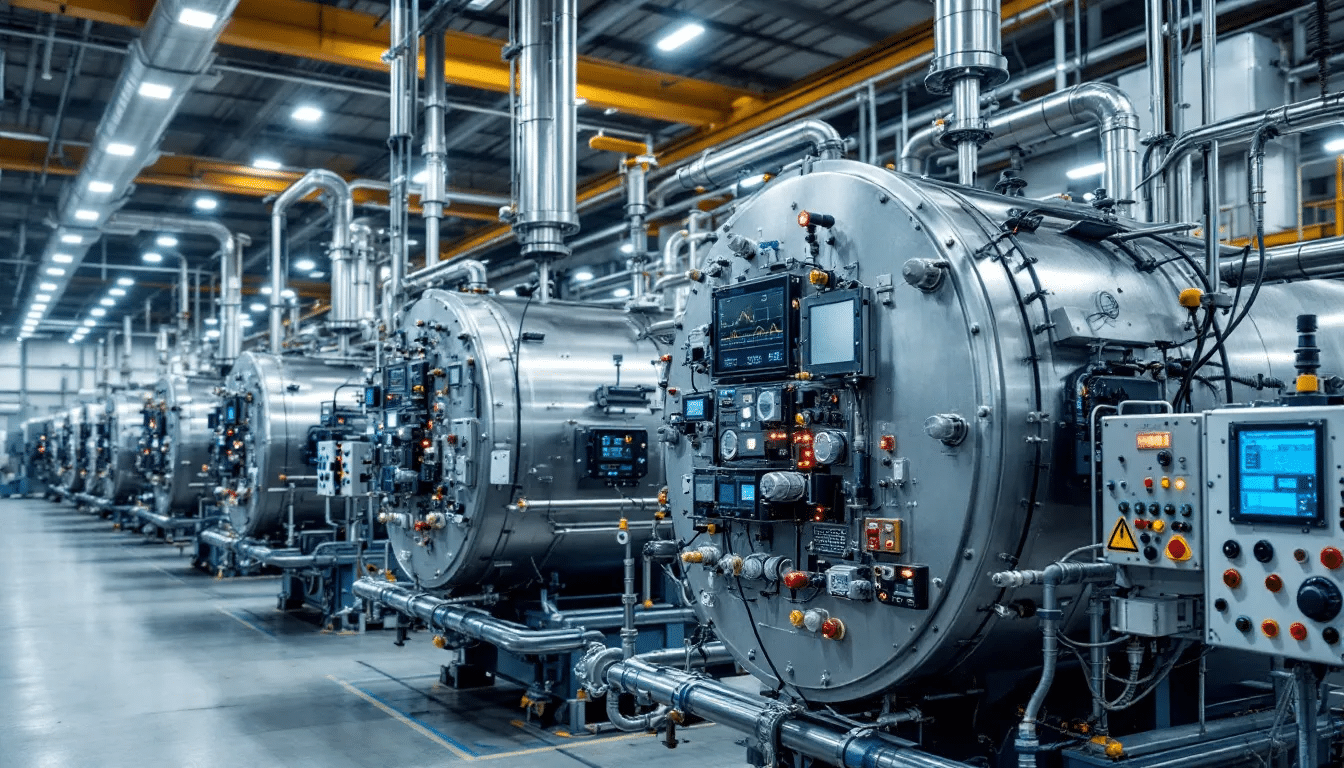 A modern industrial facility with advanced machinery equipped with digital sensors and monitoring panels, illustrating how predictive maintenance technologies use real time data, historical data, and unstructured data to enhance equipment reliability and equipment performance. The image shows large stainless-steel systems connected by pipes and electrical circuits, representing environments such as the oil and gas industry where maintenance strategies like predictive maintenance, condition based maintenance, and reliability centered maintenance help predict equipment failures, reduce machine downtime, prevent unplanned downtime, and avoid costly equipment failures. Detailed control interfaces suggest vibration analysis, acoustic analysis, and monitoring of different vibration patterns to predict failures before equipment fails, improving machine health and supporting decisions between preventive maintenance, corrective maintenance, and reactive maintenance instead of relying on a predefined maintenance schedule. This setup highlights the benefits of predictive maintenance, allowing teams to perform maintenance more efficiently, reduce costs, and limit machine failure.