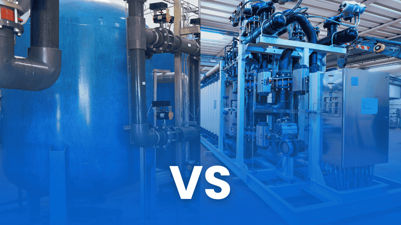 Industrial water treatment equipment illustrating a water softener vs water filter comparison, showing how a water softener uses resin beads to remove calcium and magnesium from hard water to reduce soap scum on shower doors, promote softer skin, prevent irritated skin and itchy skin, and improve dull hair, while water filters and advanced water filtration systems provide whole house water filtration to remove chlorine and other contaminants for cleaner dishes and better protection of your family's health.