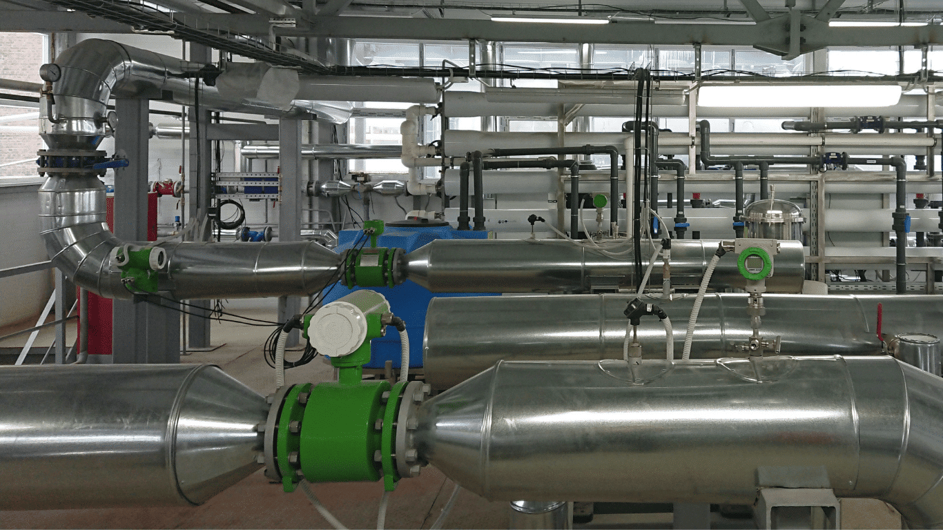 Advanced industrial water filtration system with stainless steel equipment, featuring interconnected pipes, valves, and a high-performance water filter system designed for industrial water and commercial applications, including power plants, with integrated reverse osmosis and commercial reverse osmosis units that regulate flow rate, remove suspended solids, chlorine, iron, minerals, and other harmful contaminants, delivering filtered water, purified water, and high quality water to improve process efficiency and support reliable water supply across large-scale water systems.
