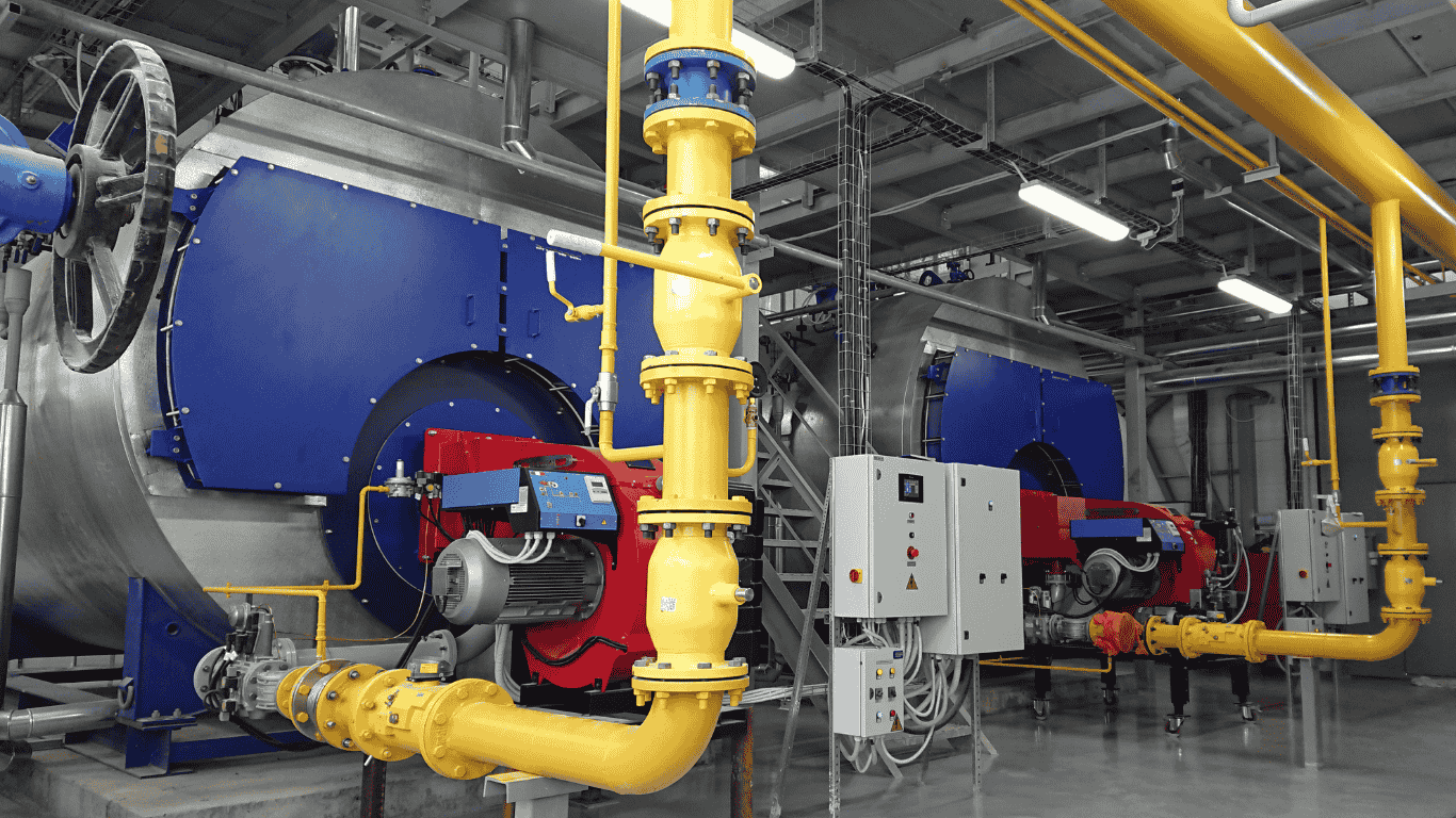 Industrial boiler room with steam system equipment, steam lines, and steam traps controlling pressure and temperature for efficient heat transfer and steam distribution.