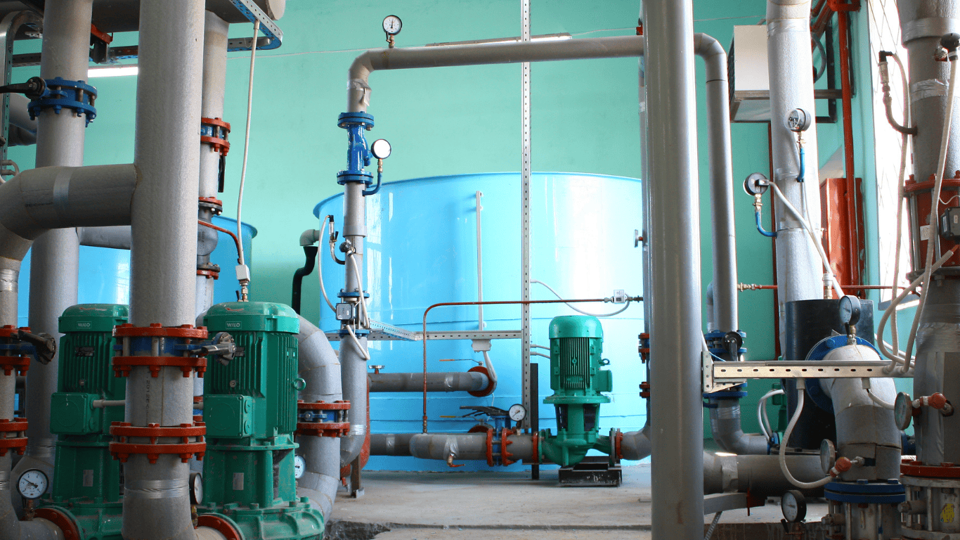 Industrial water system with brine tank, water softener, water filter, and filtration system components supporting water filtration system maintenance, water treatment system maintenance, and overall system maintenance to improve water quality and optimal performance in a water supply.