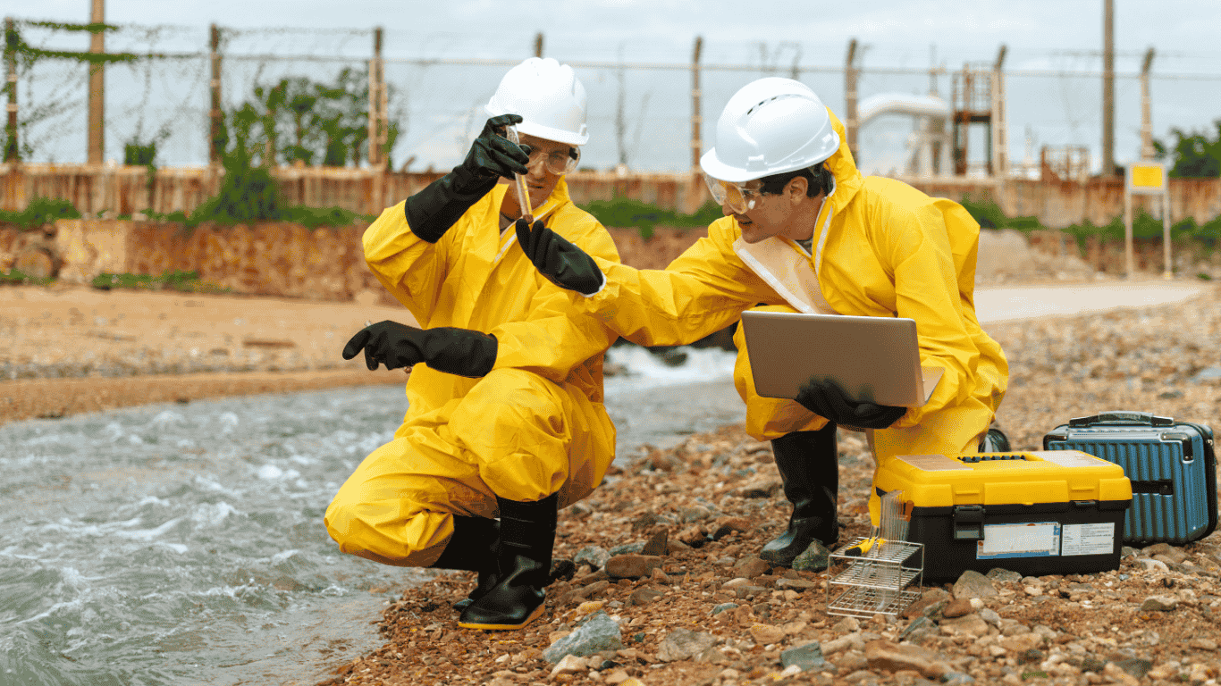 Two technicians in yellow protective suits kneel by a stream collecting a water sample in a test tube while reviewing data, evaluating free chlorine, pH, and ORP levels to assess tap water quality and signal potential issues related to oxidation reduction potential ORP.