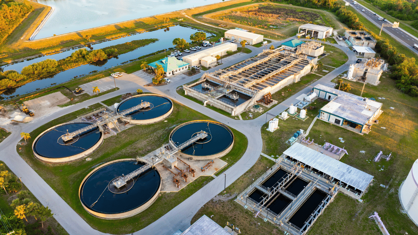 Industrial water treatment in Alexandria facility with clarifier tanks, filtration basins, and advanced water processing systems designed for municipal and industrial wastewater management.