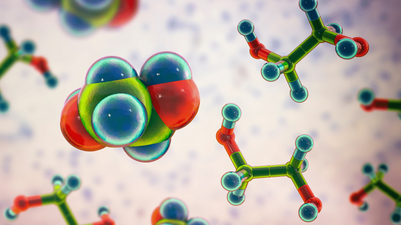 Molecular illustration representing propylene glycol and ethylene glycol as heat transfer fluid used in HVAC systems
