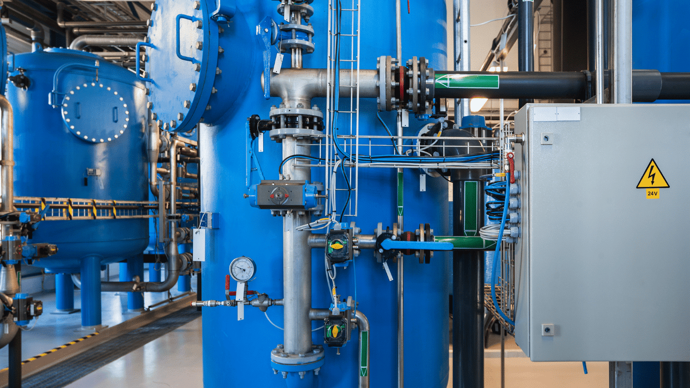 Industrial water softener system with a resin tank, control valve, bypass valve, drain line, and brine tank components used for water softening and maintaining soft water in whole house and commercial filtration systems. The image highlights water softener parts, replacement components, plumbing connections, filters, and water softener replacement parts designed for optimal performance, better water quality, and effectively softening hard water containing calcium and magnesium ions.