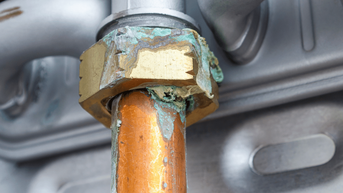 Close-up of corrosion and rust on a copper fitting connected to pipes in a boiler system, illustrating how dissolved oxygen can damage metal surfaces, reduce heat transfer efficiency, and highlight the need for corrosion inhibitors, boiler treatment, and water treatment to prevent corrosion and protect metal surfaces.