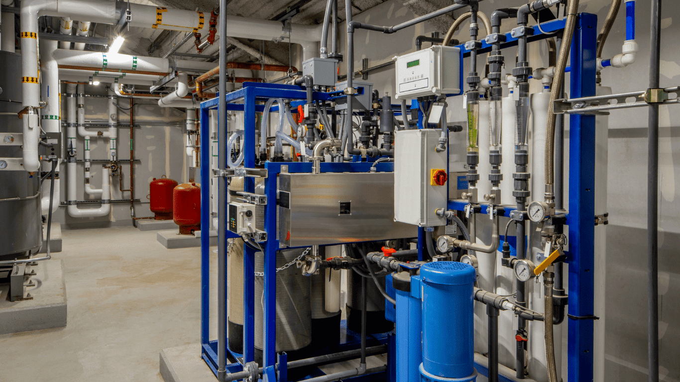Industrial EDI water treatment system with reverse osmosis, EDI module, ion exchange membranes, and water treatment equipment designed to produce high purity water.