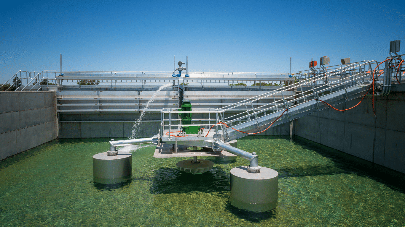 Wastewater treatment facility with an aeration basin used in biosolids management and wastewater treatment.