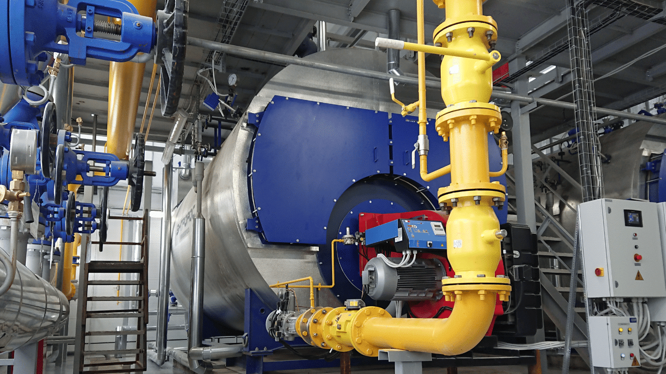 Industrial boiler system with steam piping, valves, filters, and equipment used for condensate polishing, water treatment, and ion exchange to remove impurities and contaminants.
