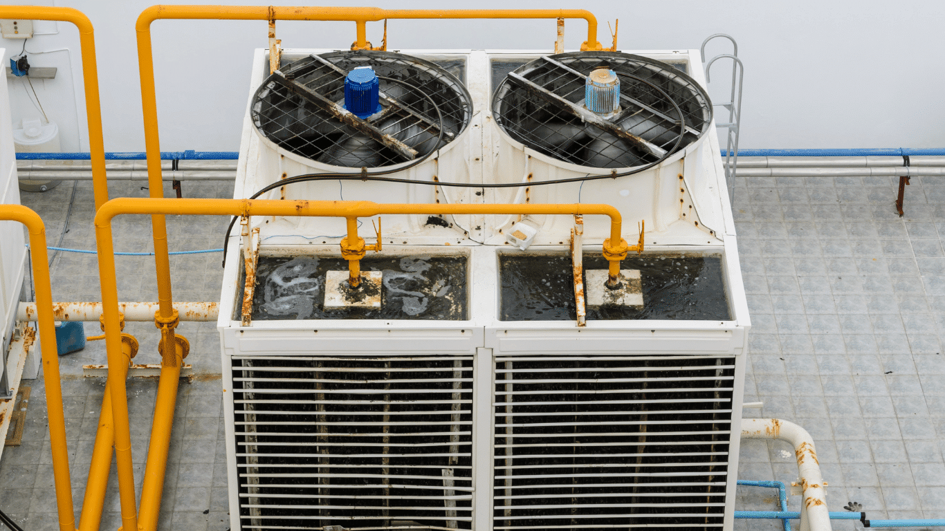Industrial cooling system with cooling equipment, water pump, coolant flow, radiator, hoses, and heat management components.