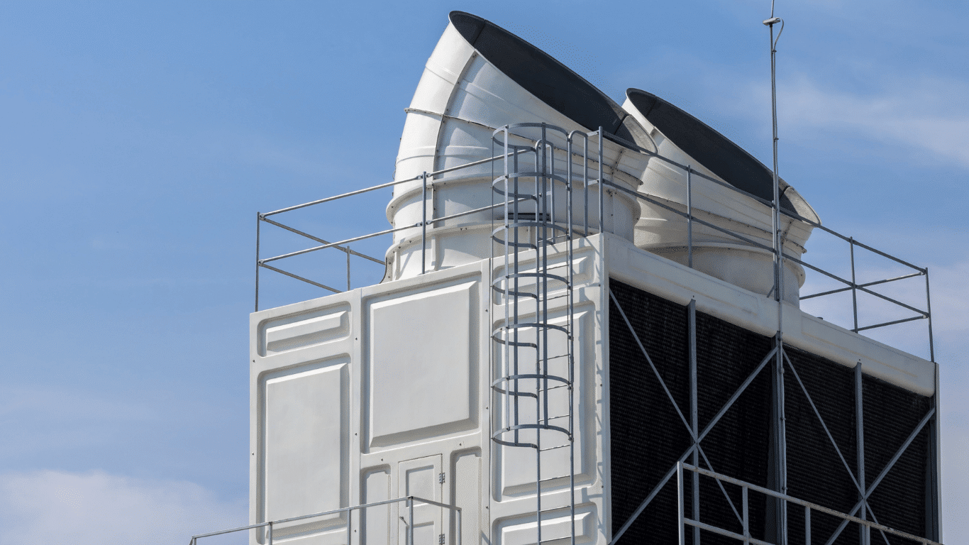 Cooling tower equipment used in building water systems, illustrating water management and risk management for HVAC and building operations.