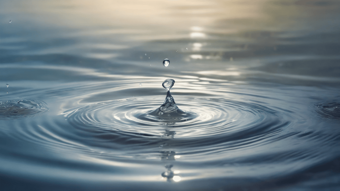 Water droplet creating ripples on a clean water surface, representing ion exchange and water purification.