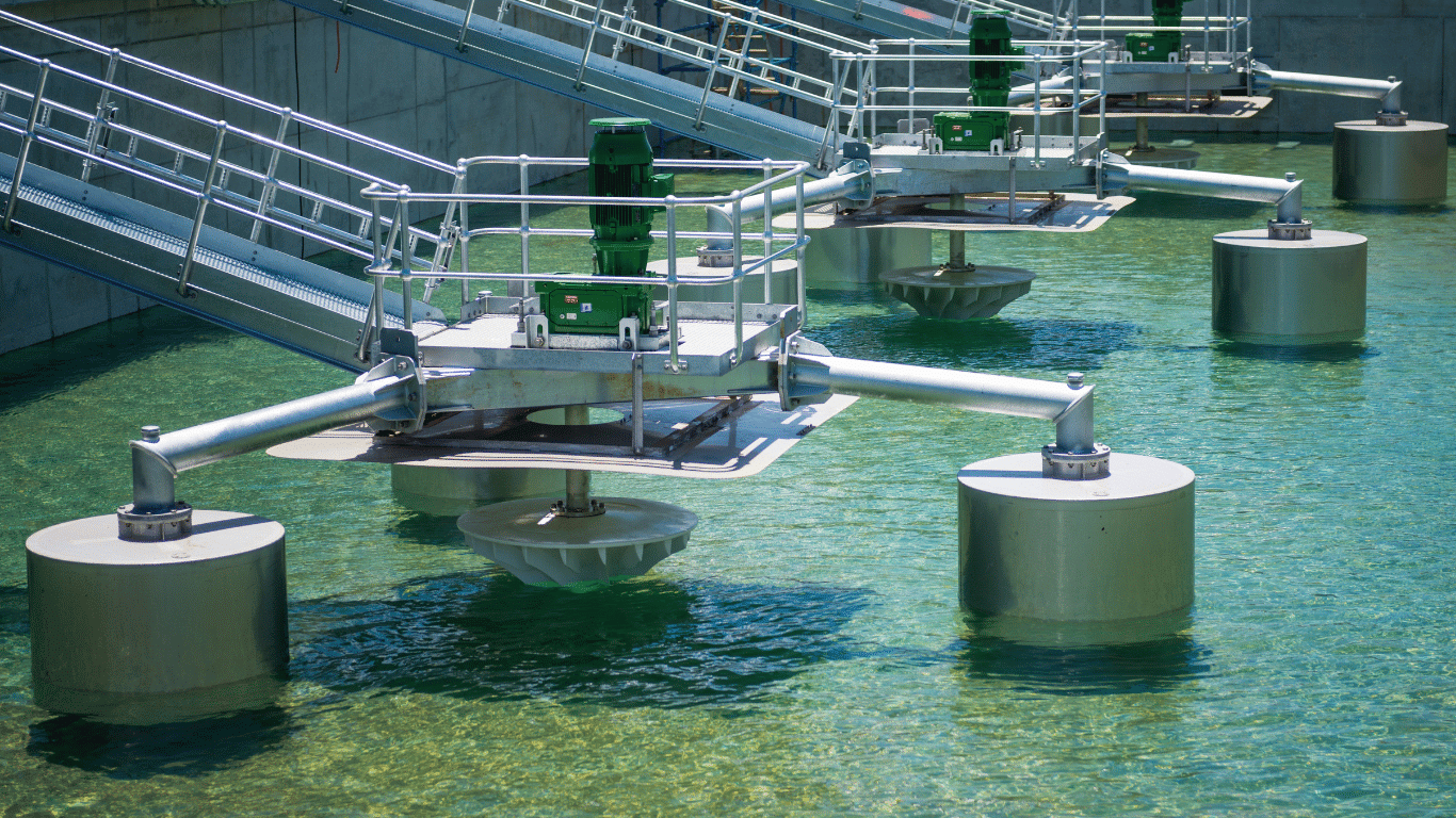 Industrial pharmaceutical wastewater treatment facility with treatment systems, aeration equipment, and water-processing facilities