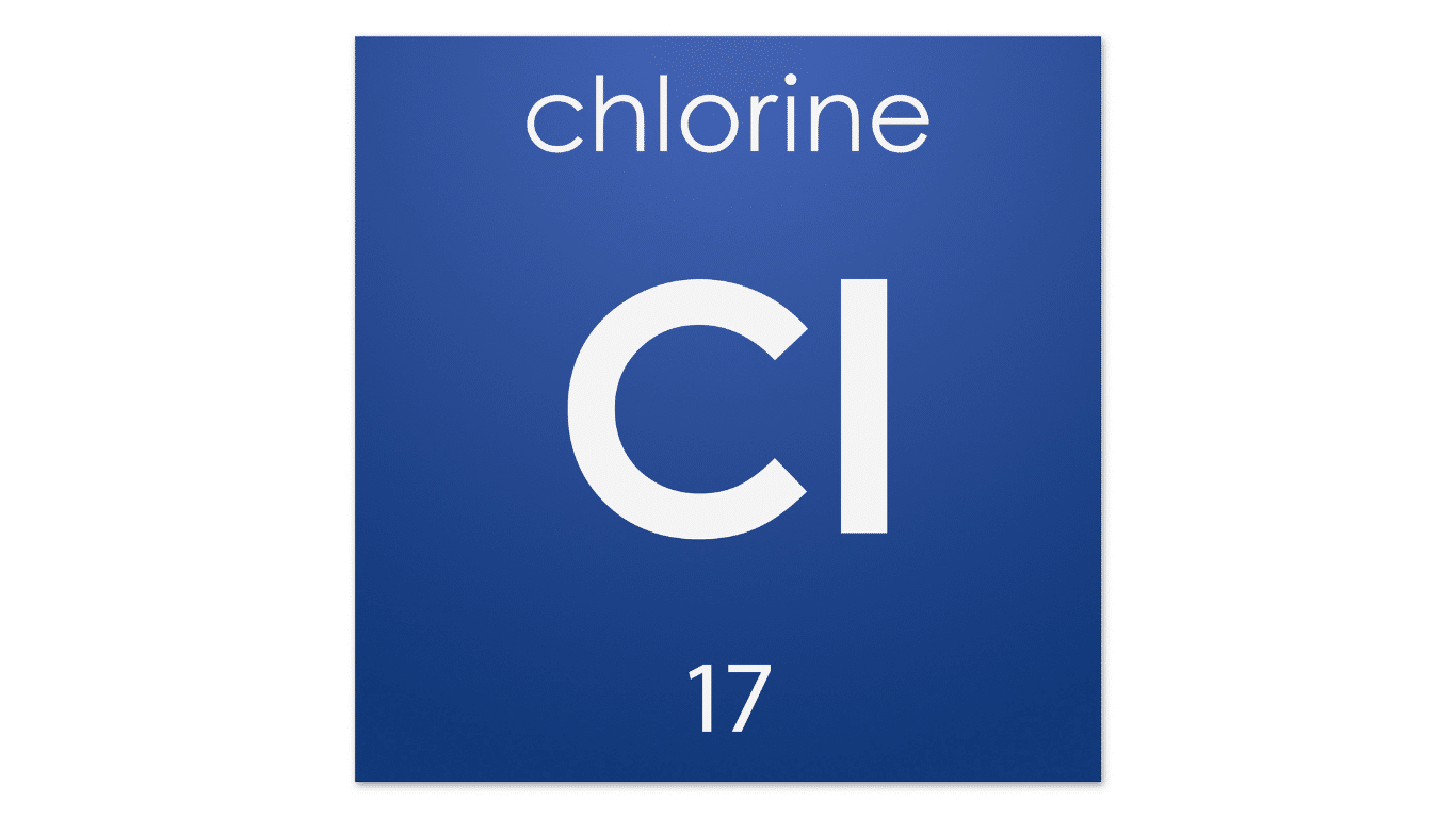 Blue periodic table tile showing chlorine (Cl), chemical element number 17, associated with chlorine chemistry, disinfection, and drinking water treatment.